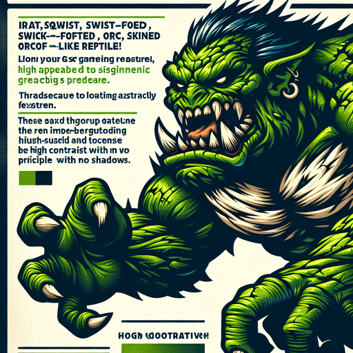 angry running green orc reptile taunting scarry.
Single Game Texture.  In-Game asset.  2d.  Blank background.  High contrast.  No shadows