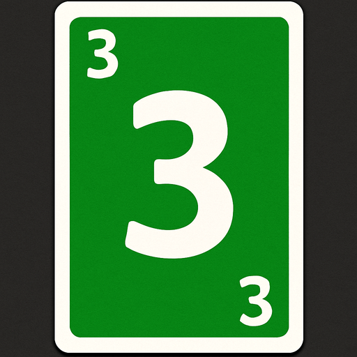 Rectangular card numbered 3, with a white border around it and a green background..
In-Game asset.  2d.  High contrast.  No shadows