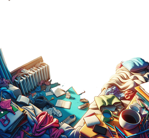 dağınık bir yatak odası, odanın içinden görünüm 3d renkli, çizgi film