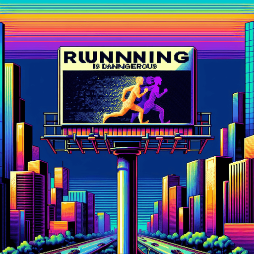 face view of billboard warning about "RUNNING IS DANGEROUS".
video game style
