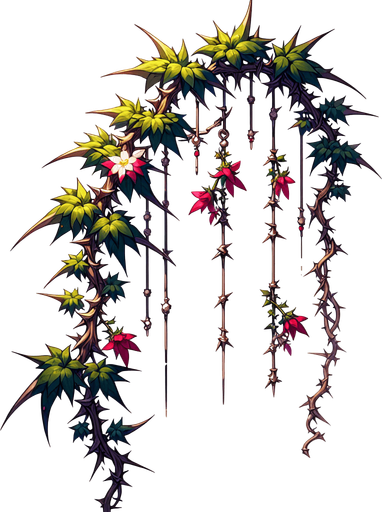 a single wildvine with spikes and flowers dangling..
Single Game Texture. In-Game asset. 2d. Blank background. High contrast. No shadows.