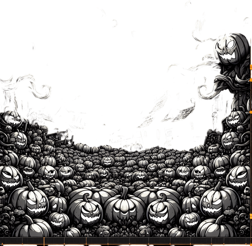 Generate a high quality cartoon background Halloween image on a black canvas similar to the format of where is waldo with a hellish environment filled with pumpkins.
Single Game Texture. In-Game asset. 2d. Blank background. High contrast. No shadows.