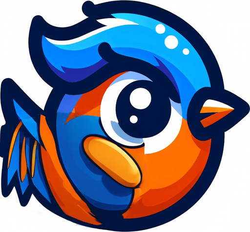 Blue wing flapped up on orange bird. Cartoon style. Dark blue outlines.