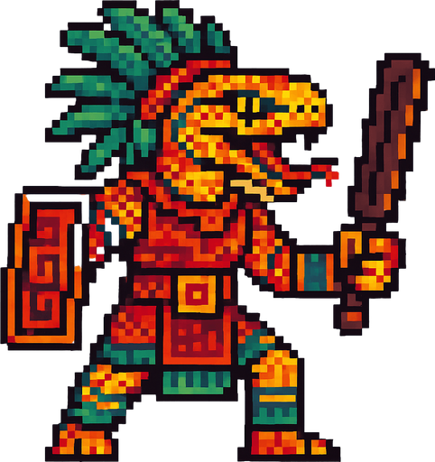 Generame un guerrero azteca con patrones, estilo pixelar, ademas sera un Serpiente sabanera humanoide.
In-Game asset.  2d.  High contrast.  No shadows