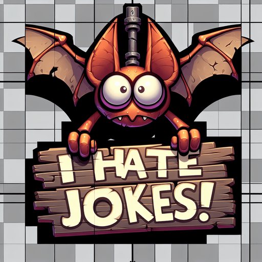 A bat holding a sign that says I Hate Jokes!.
Single Game Texture.  In-Game asset.  2d.  Blank background.  High contrast.  No shadows
