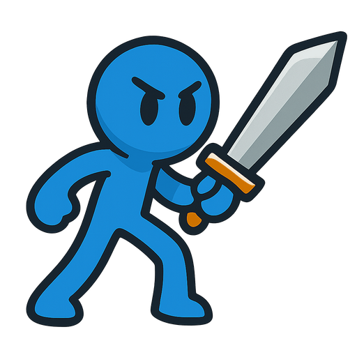 Blue stickman with a sword.
In-Game asset.  2d.  High contrast.  No shadows