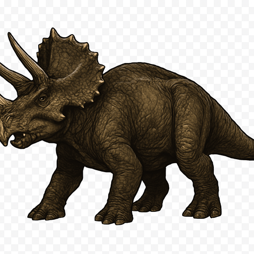 A large Triceratops dinosaur depicted in a neutral standing pose on a transparent background. It has a bulky, muscular body covered in rough, textured scaly skin with shades of dark brown and olive green. Its massive head features a large bony frill with small bumps and three prominent horns—two long ones above the eyes and a shorter one on the nose. The beak-like mouth is slightly open, and the eyes are calm but alert. The thick legs end in hoof-like claws, and the tail is short and heavy. The skin shows detailed scales, folds, and scars, giving it a lifelike, ancient appearance..
In-Game asset.  2d.  High contrast.  No shadows