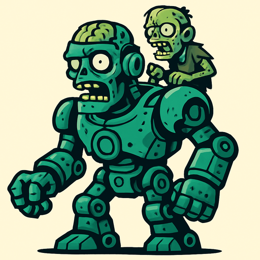 Un zombie robot gigante controlado por otro zombie.
In-Game asset.  2d.  High contrast.  No shadows