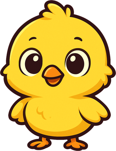 “A cute cartoon-style baby chick standing upright, designed as a game character. Big round eyes, small orange beak, fluffy yellow feathers, small wings, tiny feet. Bright and happy expression, simple colorful background, high-quality digital illustration, ideal for a mobile game character..
In-Game asset.  2d.  High contrast.  No shadows. cartoon style