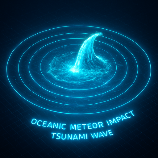 Overhead digital simulation hologram of oceanic meteor impact tsunami wave shockwave radius circle outward crashing neon cyberpunk 3d diagram
