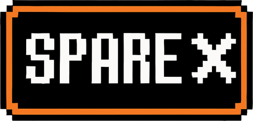 Black button with an orange outline that says "Spare" and has a X icon, pixel art.
In-Game asset.  2d.  High contrast.  No shadows