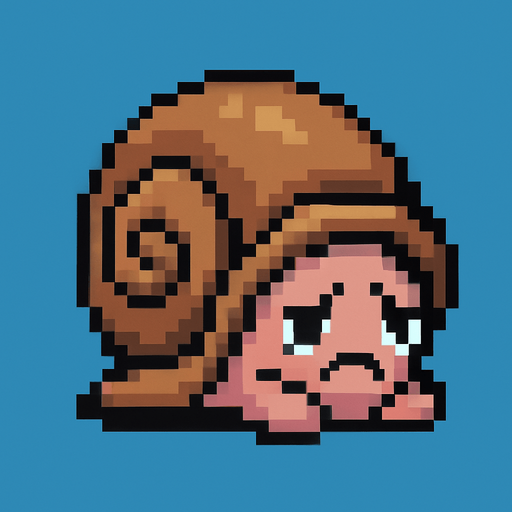 desperate depressive cute snail is hiding in shell 2d pixel art.
In-Game asset.  2d.  High contrast.  No shadows