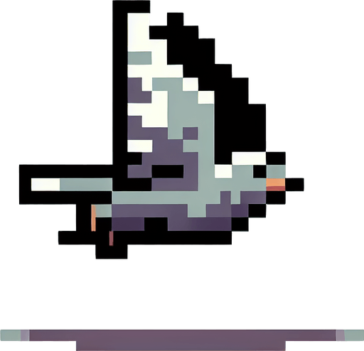 8-bit. cartoon. flying wingless pigeon. seen from the side. in game assset. Single Game Texture. In-Game asset. 2d. Blank background. High contrast. No shadows.