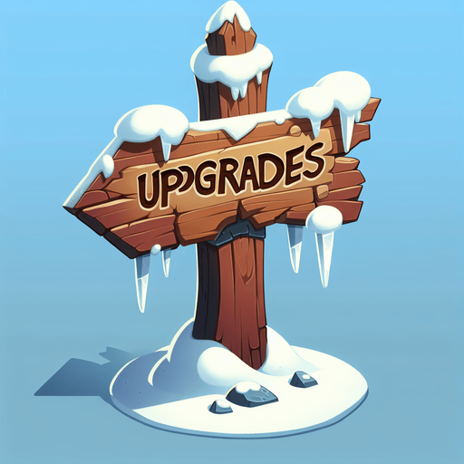 A wooden sign with text "UPGRADES" in a winter theme.
Single Game Texture. In-Game asset. 2d. Blank background. High contrast. No shadows.