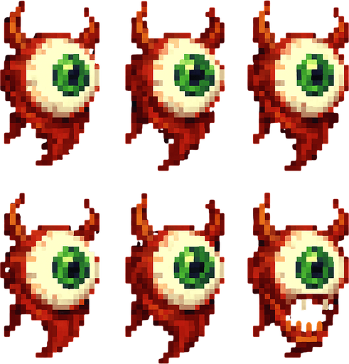 Generate a sprite sheet for a floating demon eye. Front side view. Include one attack sprite with mouth open. Retro pixel graphics..
In-Game asset.  2d.  High contrast.  No shadows