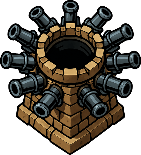 torre con 10 cañones desde arriba.
In-Game asset.  2d.  High contrast.  No shadows