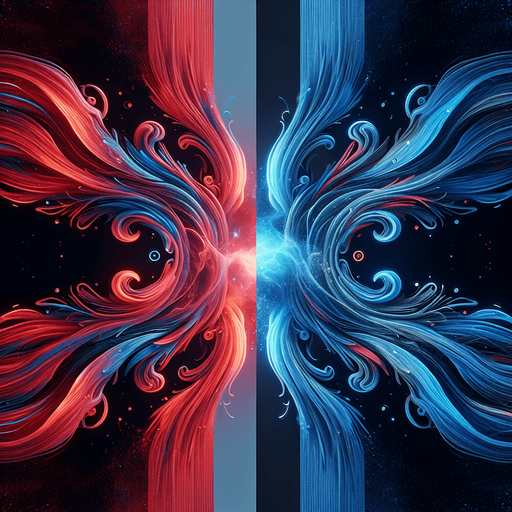 Two different colored streams of energy (e.g., red and blue) flowing and swirling together in the center. Could also be a crystal icon split into two distinct colors..
Single Game Texture.  In-Game asset.  2d.  Blank background.  High contrast.  No shadows