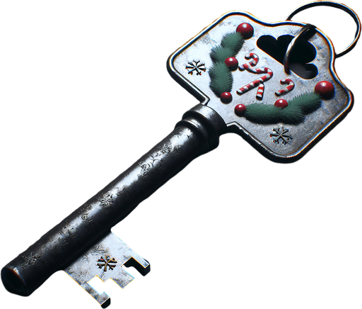 a simple dirty, dark and eerie Christmas bathroom key.
Single Game Texture. In-Game asset. 2d. Blank background. High contrast. No shadows.