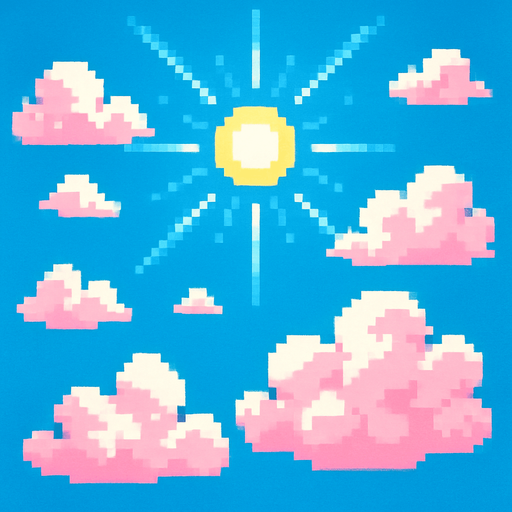 Bright day sky, cotton candy clouds, clear blue background, sun rays, cheerful mood, 2D pixel art.
In-Game asset.  2d.  High contrast.  No shadows