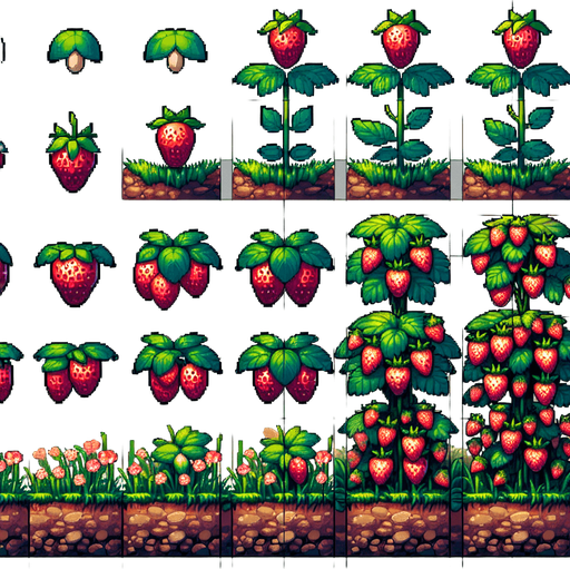 A spritesheet showing a strawberry plant in various stages of germantion, from seed over sapling and to full grown plant with ripe strawberries. The sprites should be laid out in a rectangular grid with blank space between them..
Single Game Texture. In-Game asset. 2d. Blank background. High contrast. No shadows.