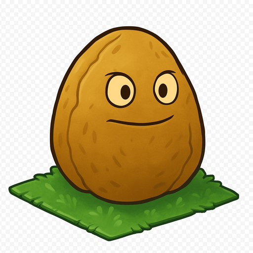 Nuez inspirada en Plants vs. Zombies 1. Una gran nuez de color marrón con textura rugosa y mirada serena pero decidida. Está plantada sobre una baldosa de césped en un jardín soleado. No está en combate ni dañada, solo en posición defensiva y tranquila. Estilo caricaturesco, líneas suaves, colores cálidos y sin sombras. Fondo transparente, ideal como asset 2D para videojuego. que este feliz o