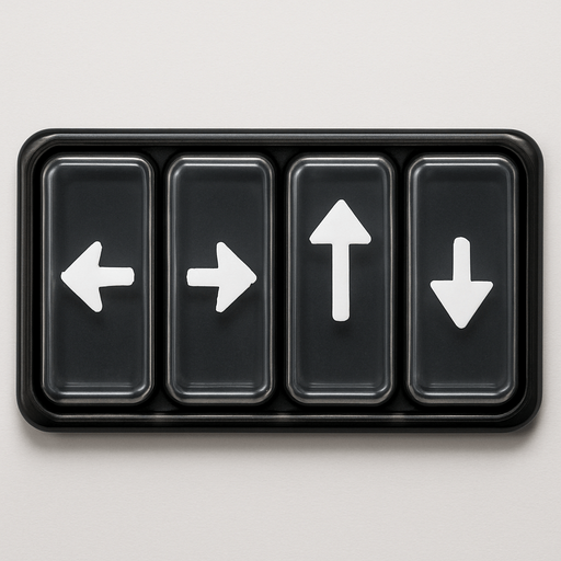 Photorealistic transparent rectange dj deck sample buttons with black rounded corners, front view. White Left, Right, Up, Down arrows, next to each other, front view