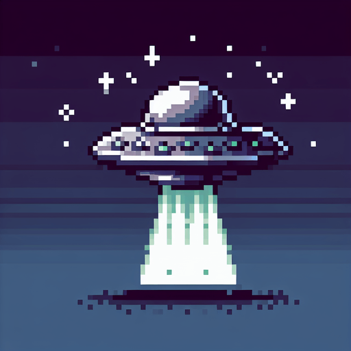 pixel art of a small flying UFO.
Single Game Texture. In-Game asset. 2d. Blank background. High contrast. No shadows.