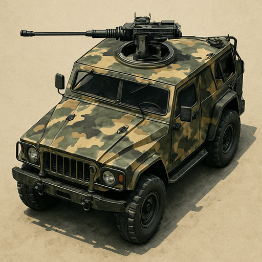 Armed off-road vehicle with camouflage livery. Top view.