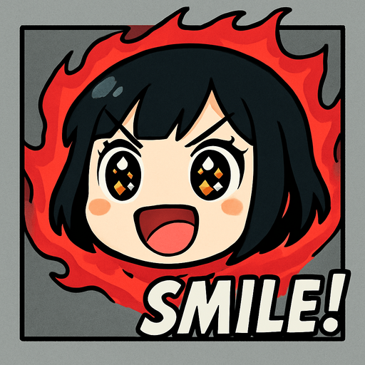 Haz una animación en la que solo se vea su cara recortada, un aura de energía roja rodeándola, y que aparezca como una viñeta que demuestre que está a punto de hacer su acción definitiva. Que escriba la palabra SMILE! abajo a la derecha. La imagen debe tener un fondo color gris