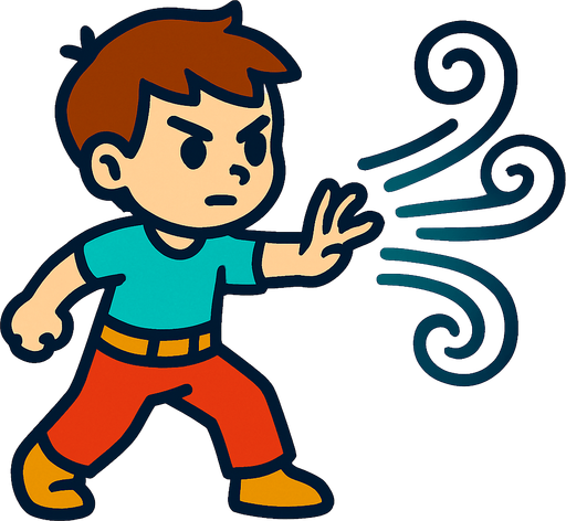 A boy controlling wind.
In-Game asset.  2d.  High contrast.  No shadows