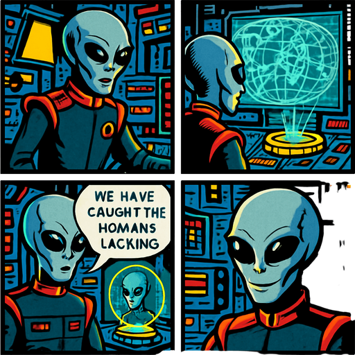 "Comic book style 4 panels of grey alien commander receiving transmission on holographic display showing Earth's internet infrastructure map,  text bubbles saying ' we have caught the humans lacking' , sci-fi comic book technology designs".
In-Game asset.  2d.  High contrast.  No shadows