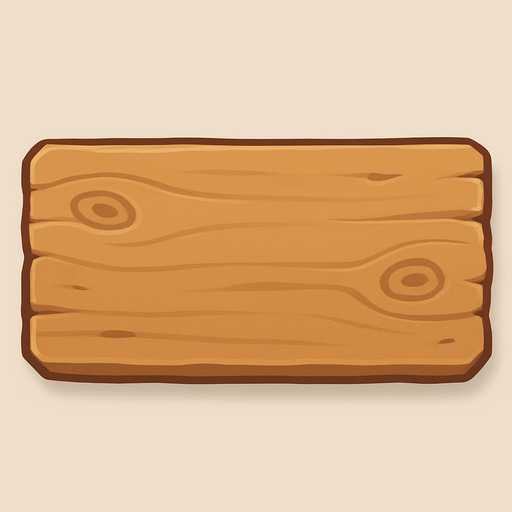 Crea un elemento de fondo con la apariencia de un tablón de madera desgastada, en un estilo 2D renderizado, limpio y cartoonish. El tablón debe tener una textura de madera visible (nudos, vetas sutiles, ligeras imperfecciones) para darle un toque rústico y orgánico, pero manteniendo la limpieza visual general del estilo.

El diseño debe considerar lo siguiente:

Forma: Un rectángulo con proporciones que permitan contener varios iconos de recursos horizontalmente (para la parte superior) y quizás un rectángulo más vertical para la selección de torres lateralmente. Podrías generar dos versiones con diferentes proporciones si lo prefieres.

Coloración: Tonos cálidos de madera (marrones claros a medios, quizás con toques de ocre o beige). Los colores no deben ser demasiado saturados para no distraer de los iconos que se colocarán encima.

Bordes: Los bordes del tablón pueden ser ligeramente irregulares o redondeados para reforzar la apariencia de madera natural. Podrías incluir sutiles det.
In-Game asset.  2d.  High contrast.  No shadows