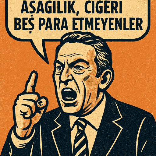Ali Koça Sinirle konuşan bir başkan karakteri oluştur . Bu karakter Ali Koça benzesin . Bu karakterin tepesinde bir konuşma baloncuğu olsun . Bu baloncukta "Vefasızlar , Aşağılık , Ciğeri beş para etmeyenler " yazsın . Retro temada olsun !.
In-Game asset.  2d.  High contrast.  No shadows