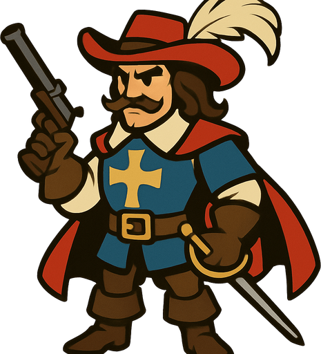 מוסקטיר מהאגדות.
In-Game asset.  2d.  High contrast.  No shadows