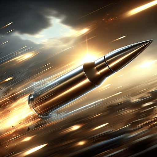 A high-speed enemy bullet in mid-flight, with a sleek, metallic surface reflecting light. The bullet is slightly blurred, showing its incredible speed and motion, cutting through the air. The background shows a dark, intense battlefield, with flashes of gunfire and smoke in the distance. The bullet leaves behind a small trail of air distortion or vapor, emphasizing its rapid movement. It has a sharp, pointed tip and appears to be shot from a modern military rifle, with its design sleek and aerodynamic..
Single Game Texture. In-Game asset. 2d. Blank background. High contrast. No shadows.