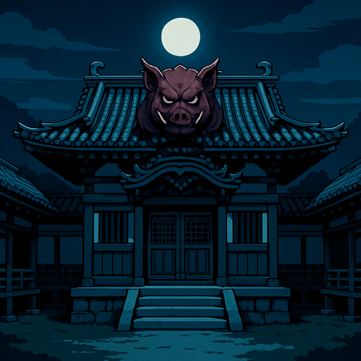 realistic 2d anime style front field old samurai palace temple with pig evil ornament at midnight.
In-Game asset.  2d.  High contrast.  No shadows
