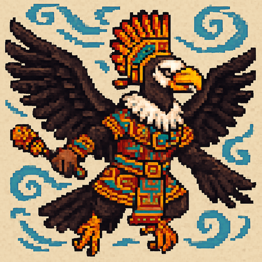 Generame un guerrero azteca con patrones, estilo pixelar, además será un Cóndor de los Andes, unidad voladora con alas, con efectos de viento.
In-Game asset.  2d.  High contrast.  No shadows