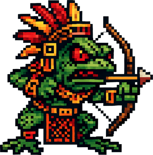 Genérame una Rana de Cristal  guerrero azteca con eso patrones, estilo pixelar, con una apariencia maligna, ojos rojos, rabioso. Unidad a distancia, con un arco o cerbatana. Animal.
In-Game asset.  2d.  High contrast.  No shadows