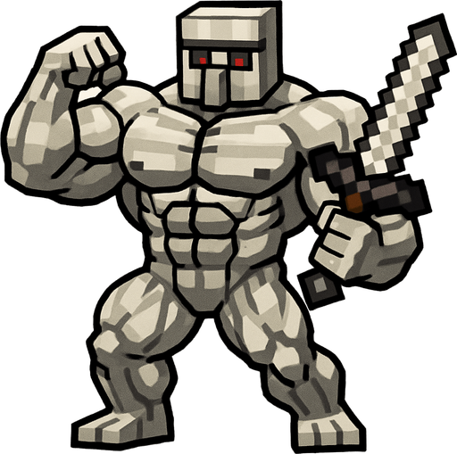 A super buff iron golem with super big muscles and that has a Minecraft iron sword in his hand..
In-Game asset.  2d.  High contrast.  No shadows