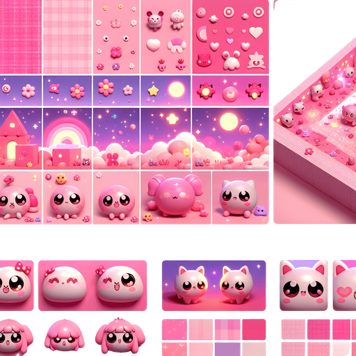 Beautiful 3d pink theme with other soft colours with cute soft kawaii 3d dolls and tiny glowing creatures.
Single Game Texture. In-Game asset. 2d. Blank background. High contrast. No shadows.