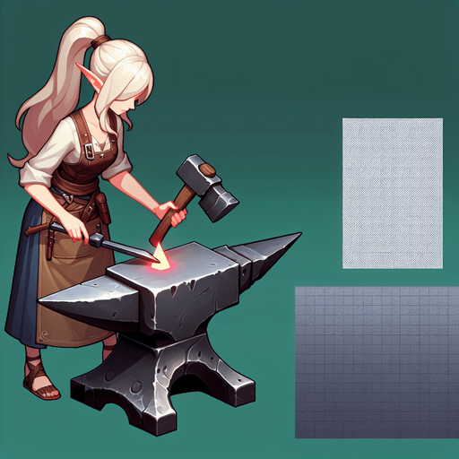 Девушка эльфийка кузнец у наковальни.
Single Game Texture. In-Game asset. 2d. Blank background. High contrast. No shadows.
