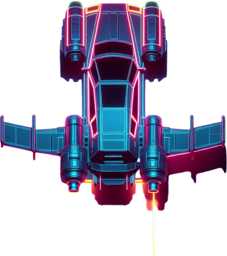 Neon cyberpunk flying car.
Single Game Texture.  Blank background.  High contrast.  No shadows. Top-down