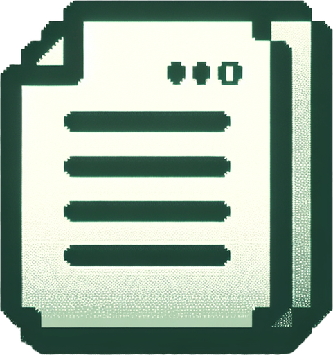 A minimalist UI website icon for a retro hacking app, representing a text-based file. The icon is a simple rectangular shape with a slightly folded corner at the top-right, rendered in a clean, pixel-art style. A few green binary digits ('0' and '1') are subtly displayed across the surface in a small, stylized font, blending seamlessly with the retro theme.

The design is stripped down to essential elements, using a monochromatic palette with a soft green glow to evoke the feel of a classic hacking interface. The overall look is clean, minimalist, and perfectly aligned with a retro tech aesthetic..
Single Game Texture. In-Game asset. 2d. Blank background. High contrast. No shadows.