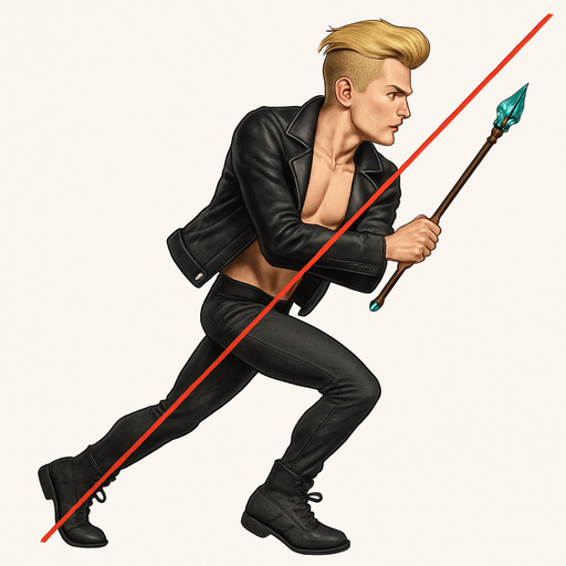 Blonde undercut pompadour black leather biker jacket longsleeves holding magic wand teal gemstone tip shirtless skinny toned abs pecs Switch arm positions, arm crossed in front of body, profile side view, running, Background removed, "Full-body character, entirely in frame, no cropping of face, head, or feet" "Complete character visible, from head to toe, fully centered in the image" "Entire character, including face and shoes, fully within the frame" Character fully contained within a square frame, no edges cut off