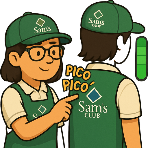Ambos deberan ser trabajadores de sams club, gorra verde con el logo, la chica de la izqueirda debera usar lentes, polo blanca, mandil verde con el logo del trabajo.
EL chico de la derecha, pelo negro un poco alrgo, gorra igual verde y el amndil.

Igual el de la derecha usara playera de polo blanca.

Y al ededor de la mano que esta tocando deberia decir PICO PICO, COMO SI FUERA UN EFECTO DE SONIDO AL TOCARLO