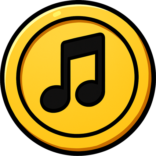 Yuvarlak altın para ortasında 🎶 müzik notası.
In-Game asset.  2d.  High contrast.  No shadows