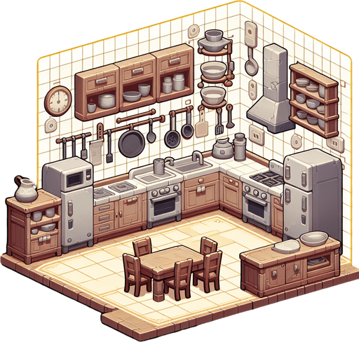 mutfak.
Single Game Texture.  In-Game asset.  2d.  Blank background.  High contrast.  No shadows