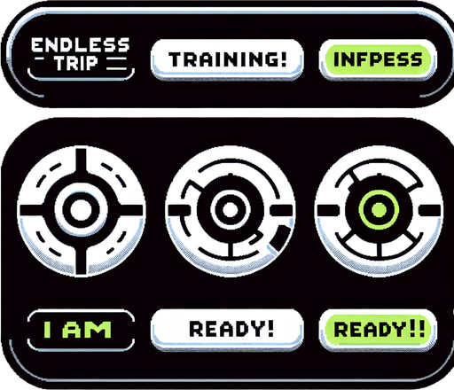 3 buttons that read:
Endless Trip
Training!
I am ready!
Futuristic font. White black and green..
Single Game Texture. In-Game asset. 2d. Blank background. High contrast. No shadows.