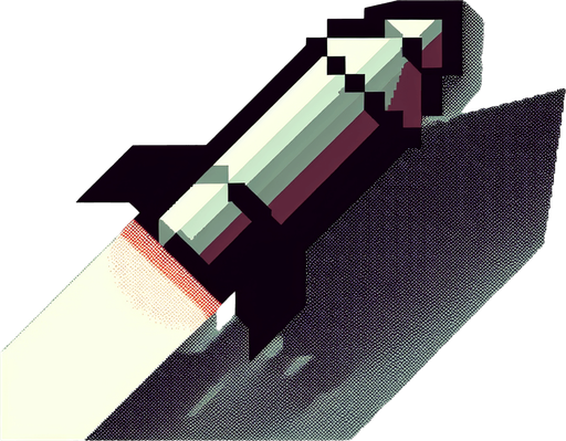 an 8-bit missile pointing upward.
Single Game Texture. In-Game asset. 2d. Blank background. High contrast. No shadows.