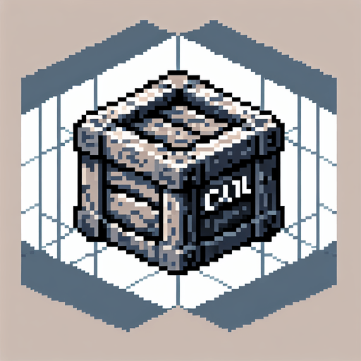 pixel art of a crate made of stone with a label of coal on the side, flat side view. Single Game Texture. In-Game asset. 2d. Blank background. High contrast. No shadows.